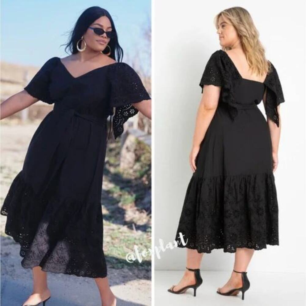 NEW Eloquii black Flutter Sleeve Eyelet midi Dress, size‎ 22